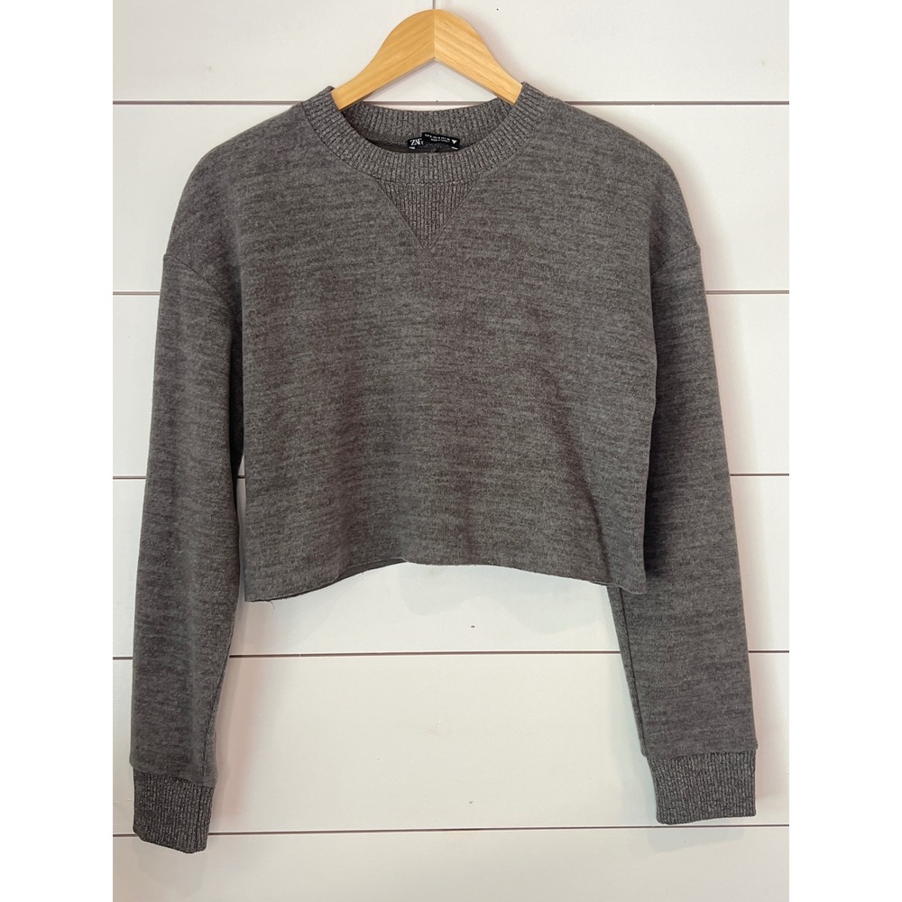 Zara Womens Cropped Knit Sweater Gray Crew Neck Long Sleeve Size Small